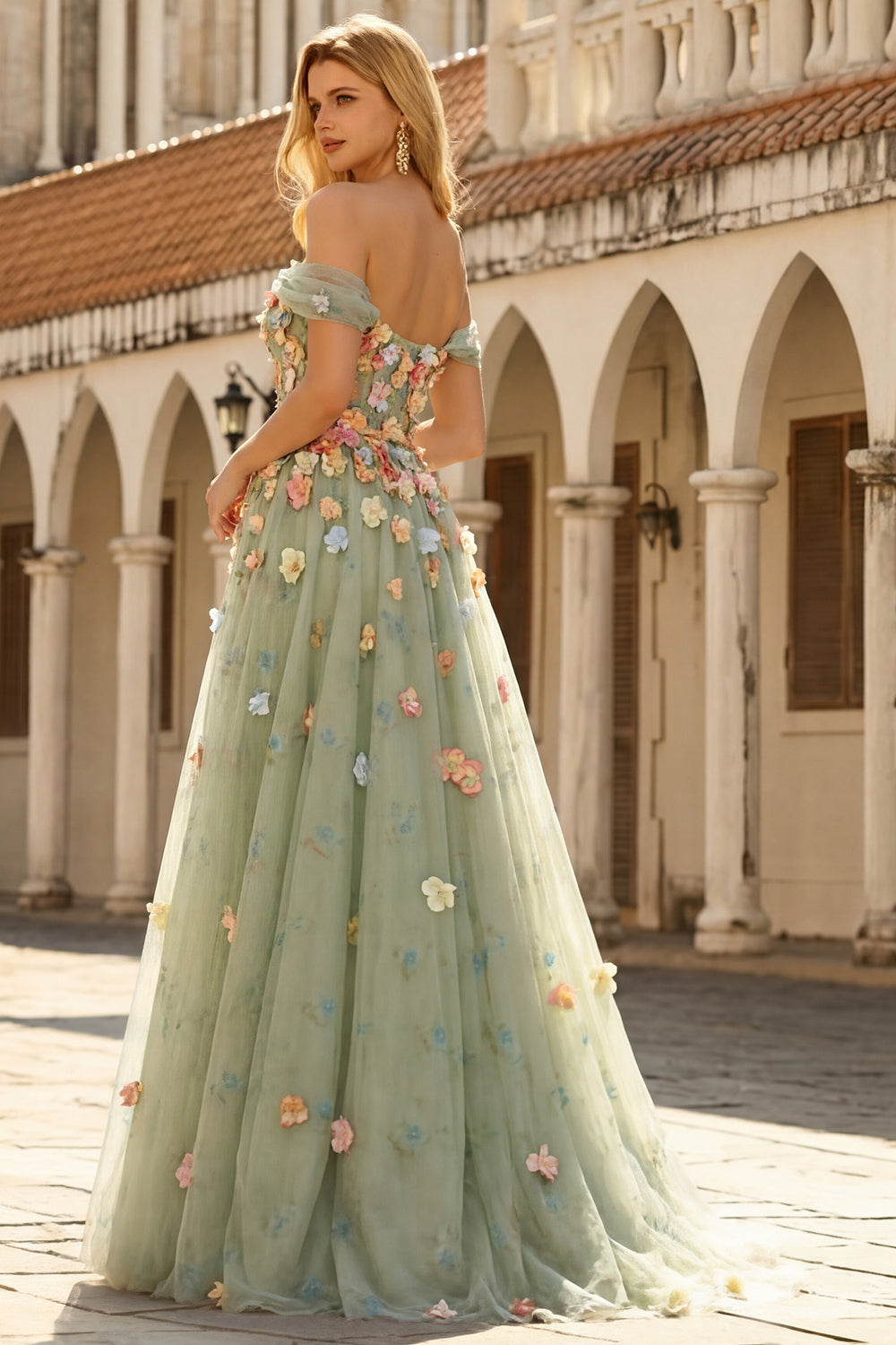 Champagne Floral Off the Shoulder A Line Long Prom Dress with 3D Flowers
