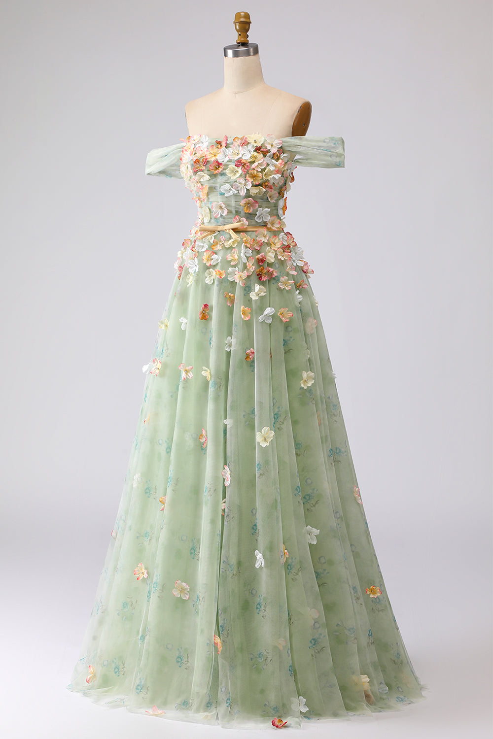 Champagne Floral Off the Shoulder A Line Long Prom Dress with 3D Flowers