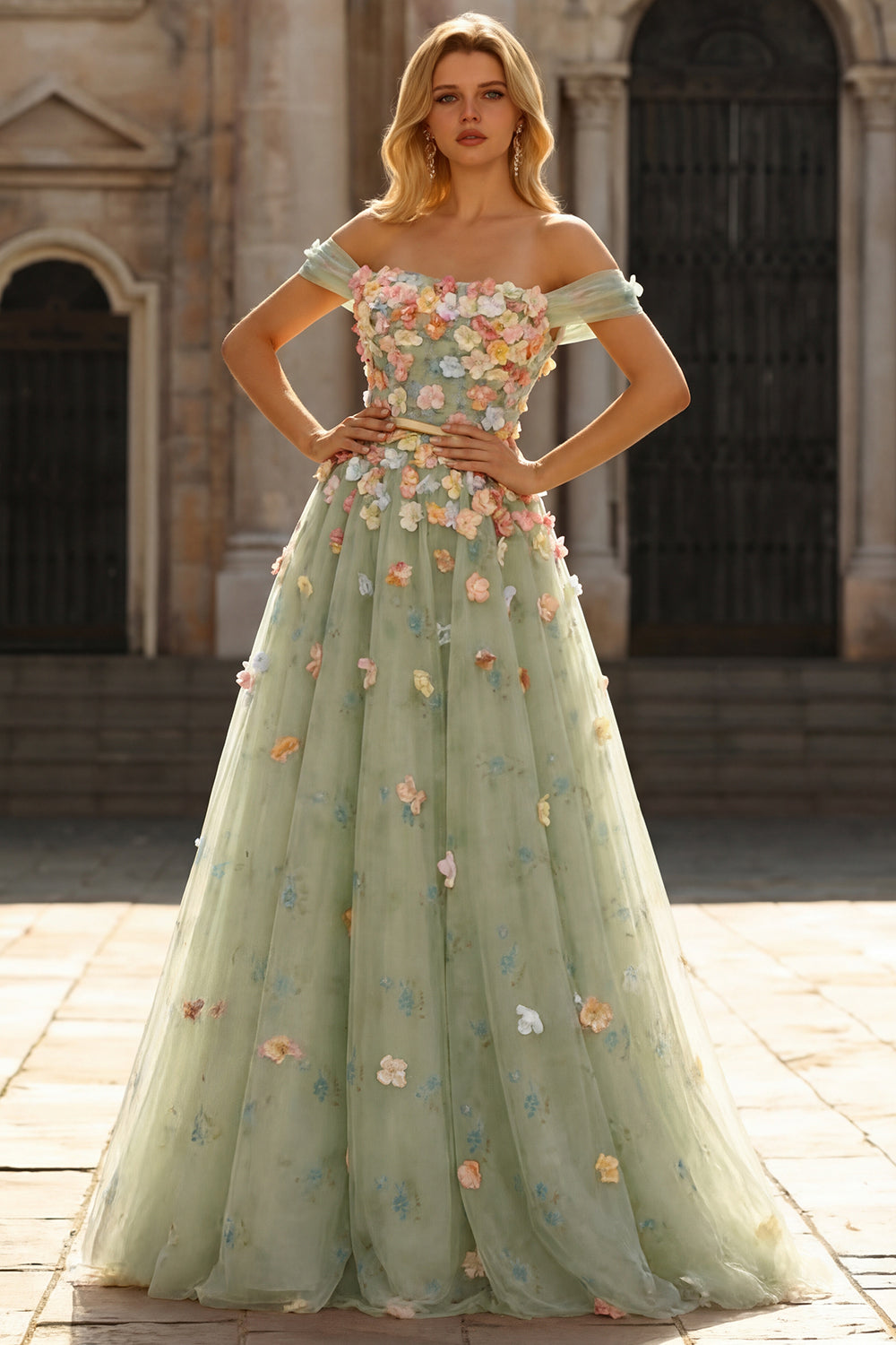 Champagne Floral Off the Shoulder A Line Long Prom Dress with 3D Flowers