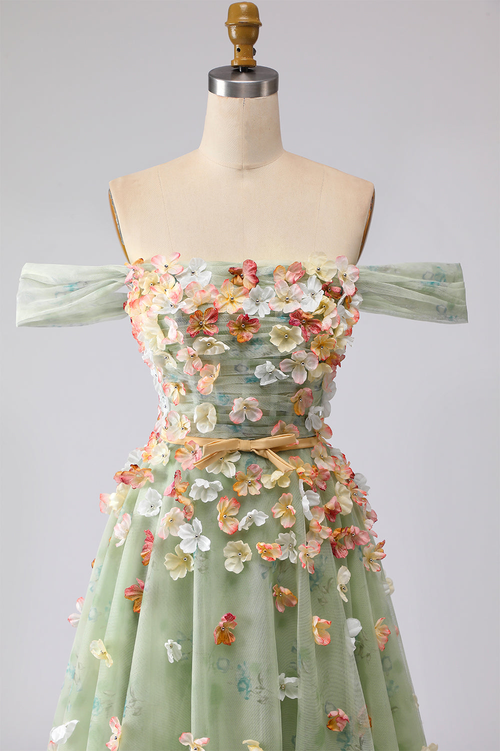 Champagne Floral Off the Shoulder A Line Long Prom Dress with 3D Flowers