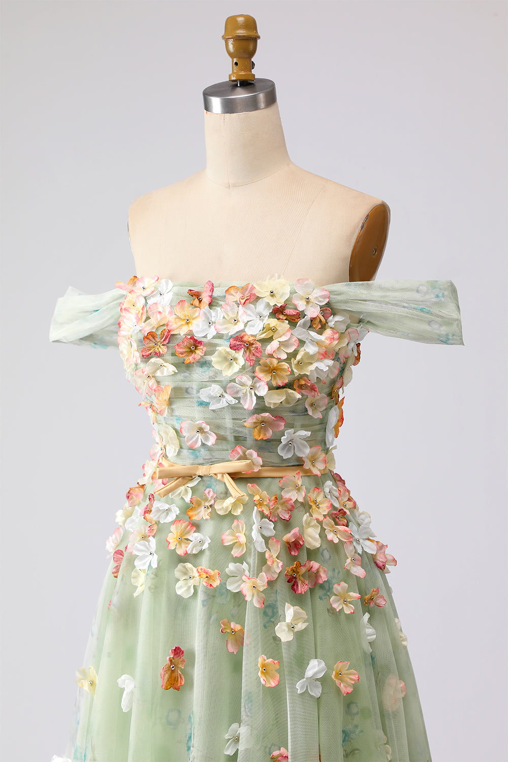 Champagne Floral Off the Shoulder A Line Long Prom Dress with 3D Flowers