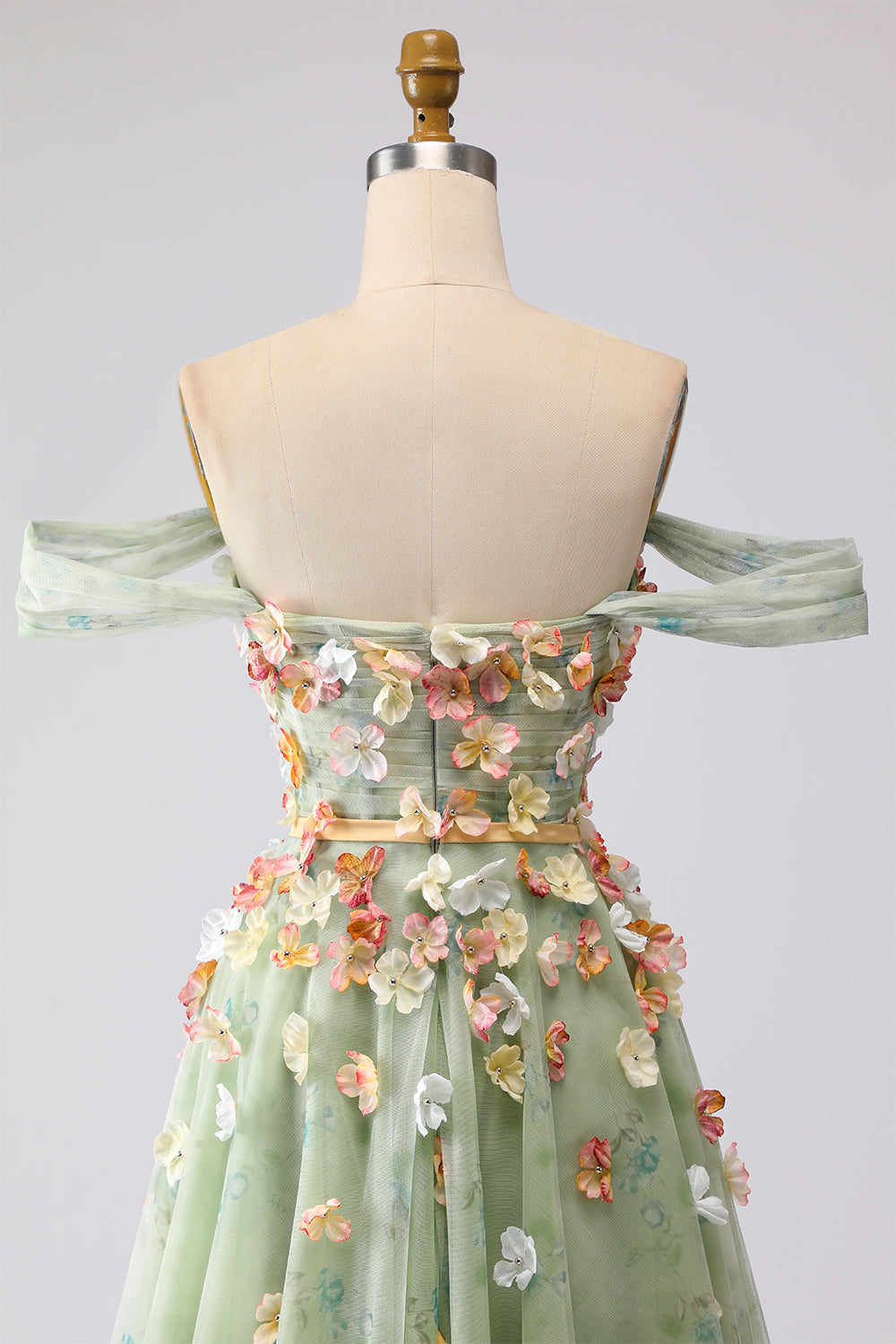 Champagne Floral Off the Shoulder A Line Long Prom Dress with 3D Flowers