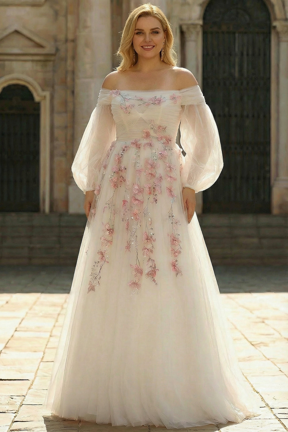 Floral Sparkly White A Line Tulle Long Prom Dress with Sequins