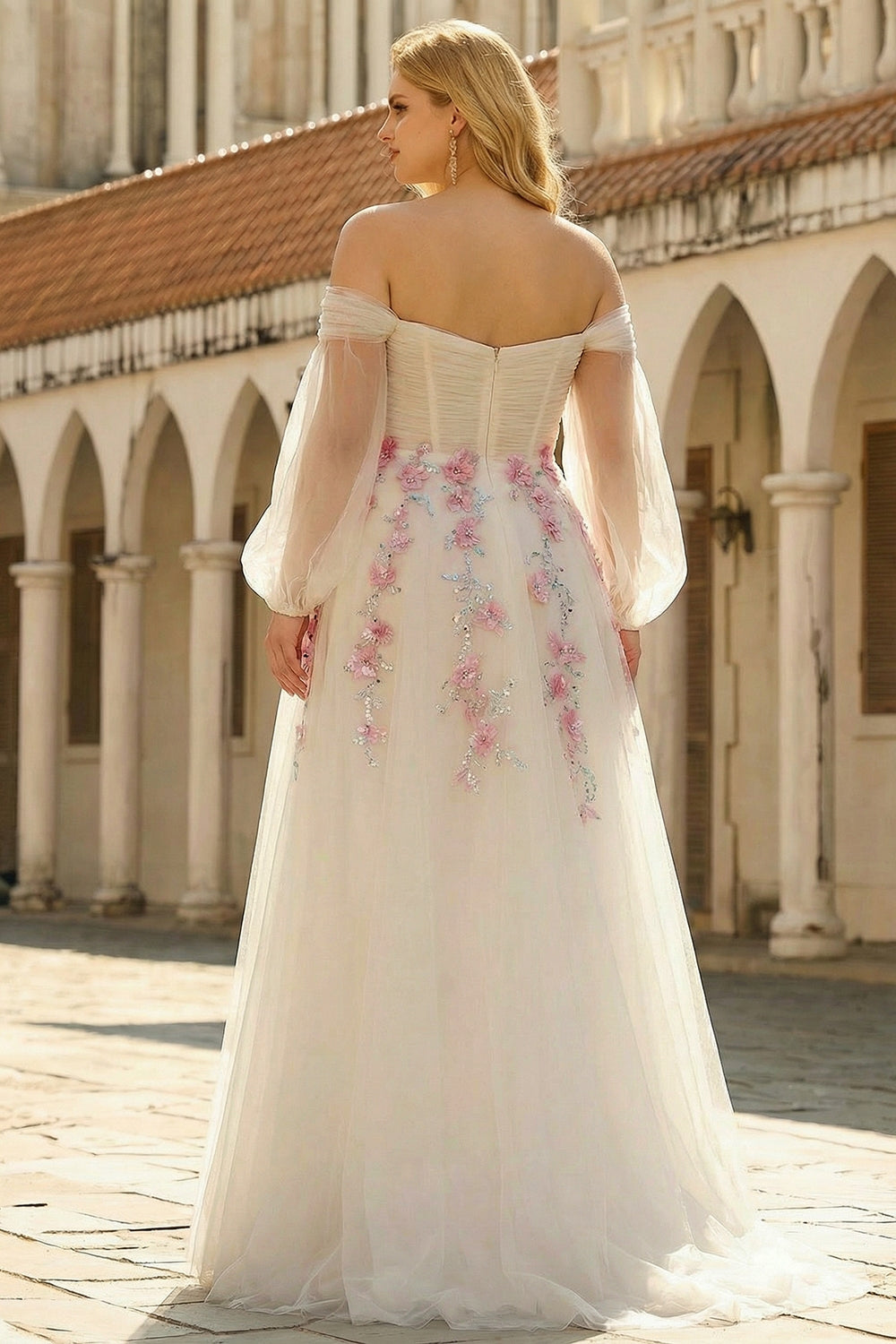 Floral Sparkly White A Line Tulle Long Prom Dress with Sequins