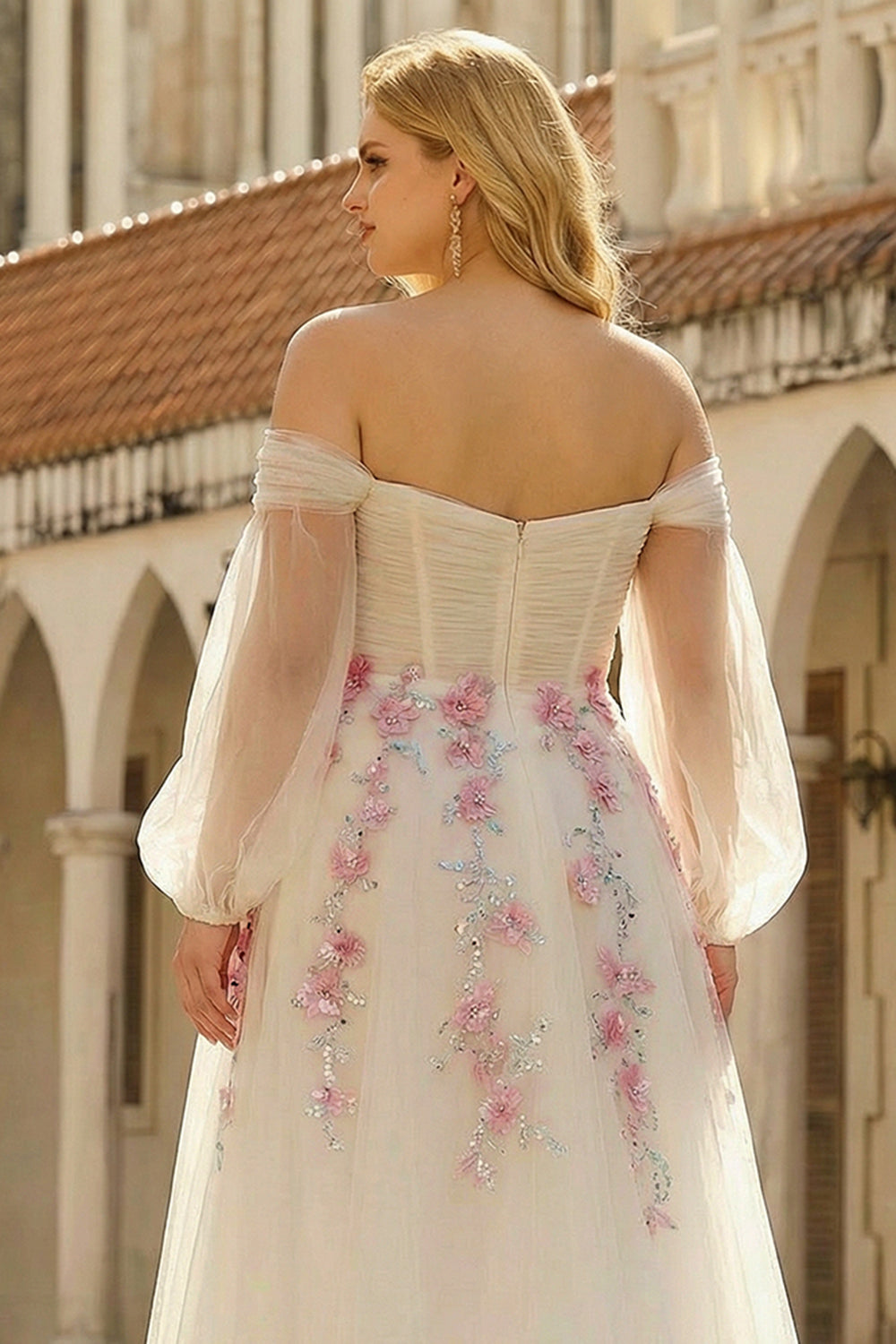 Plus Size Floral Sparkly White A Line Tulle Long Prom Dress with Sequins