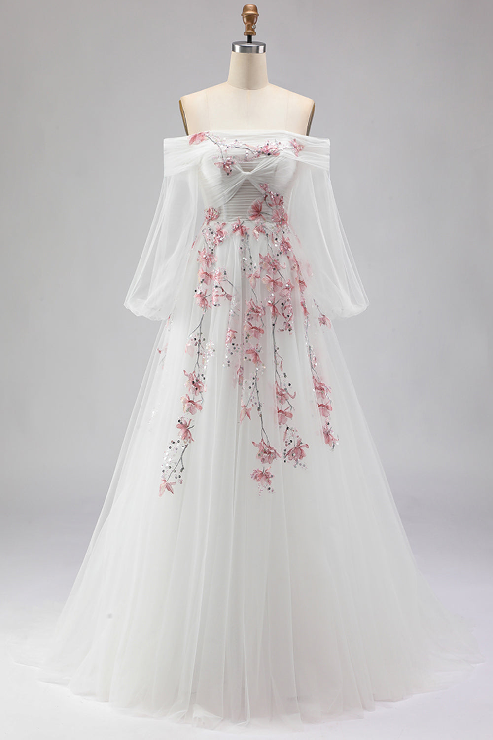 Plus Size Floral Sparkly White A Line Tulle Long Prom Dress with Sequins