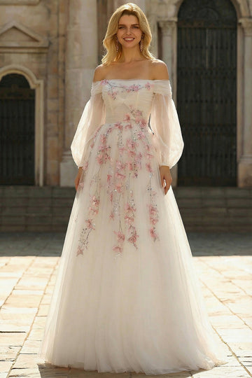 Floral Sparkly White A Line Tulle Long Prom Dress with Sequins