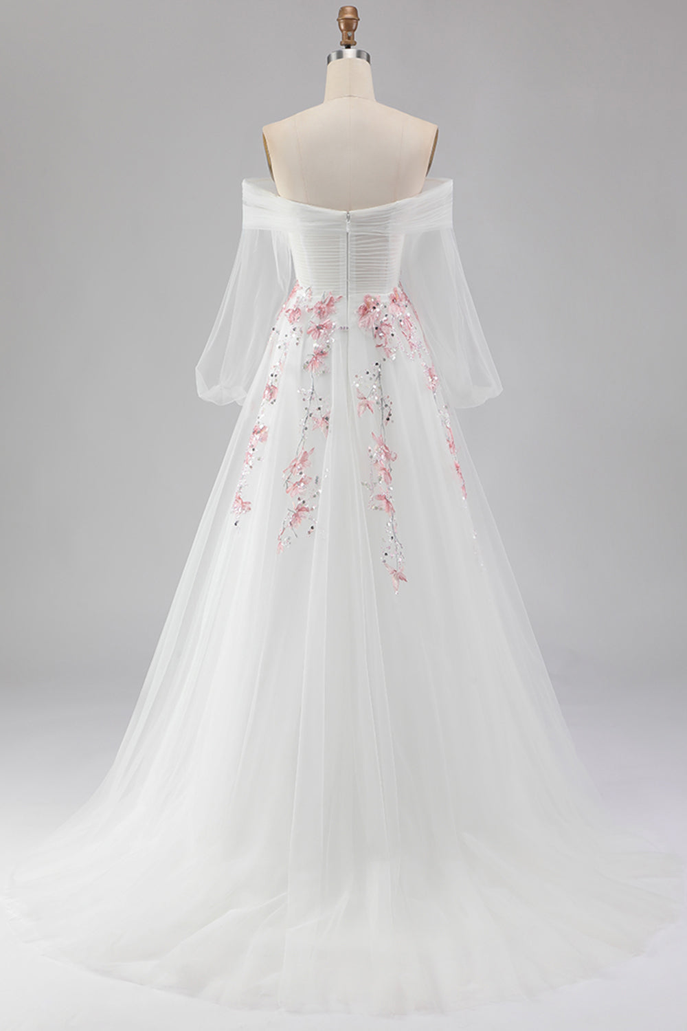 Floral Sparkly White A Line Tulle Long Prom Dress with Sequins