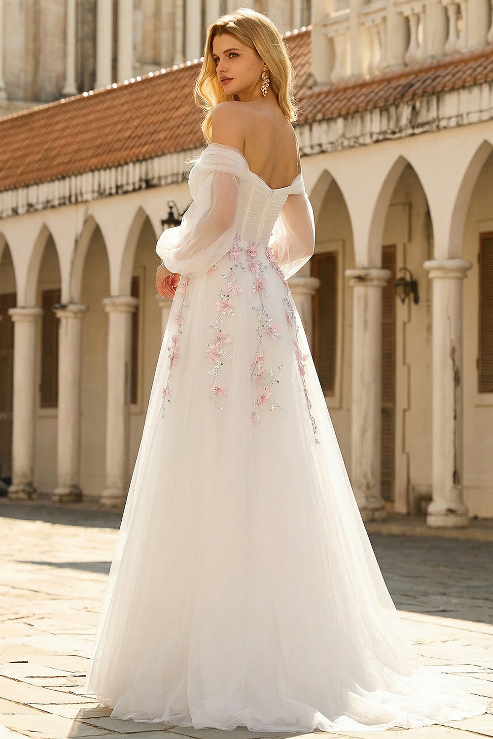 Floral Sparkly White A Line Tulle Long Prom Dress with Sequins