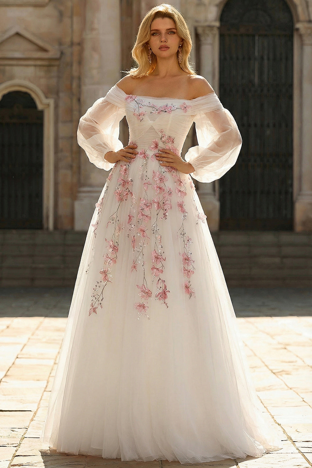 Floral Sparkly White A Line Tulle Long Prom Dress with Sequins
