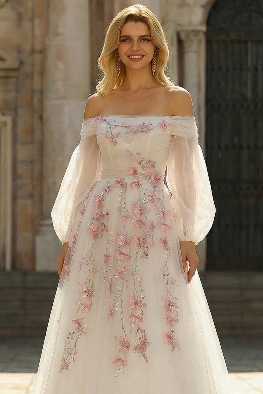 Floral Sparkly White A Line Tulle Long Prom Dress with Sequins