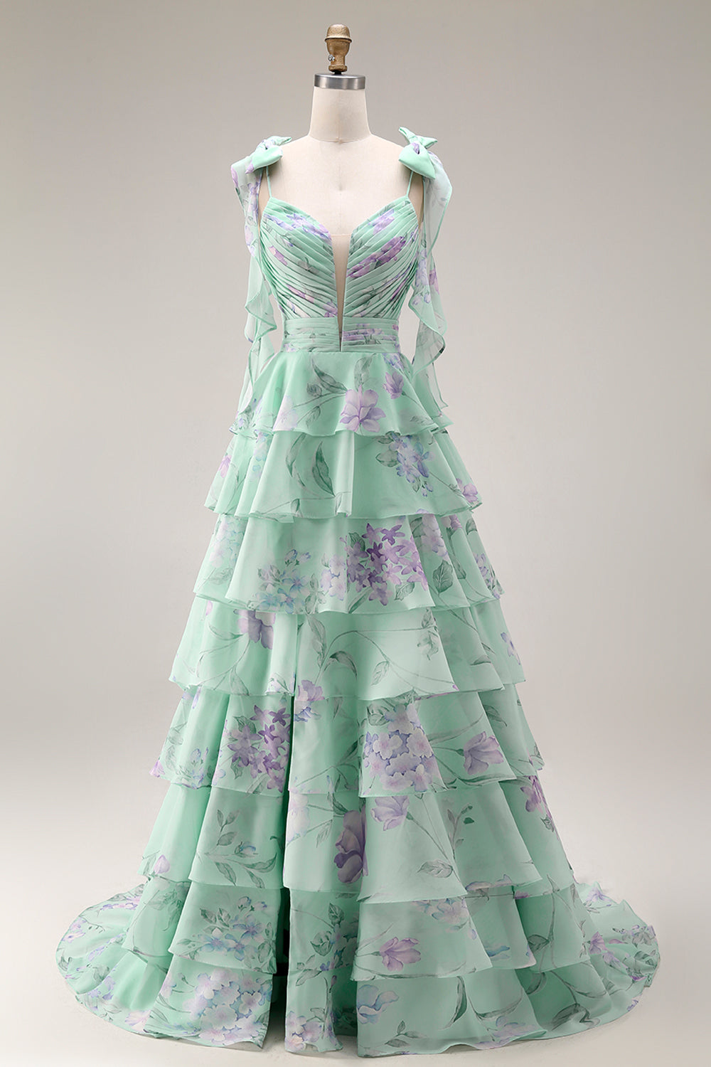 Blue and Pink Floral Spaghetti Straps Ruffled Long Prom Dress with Slit