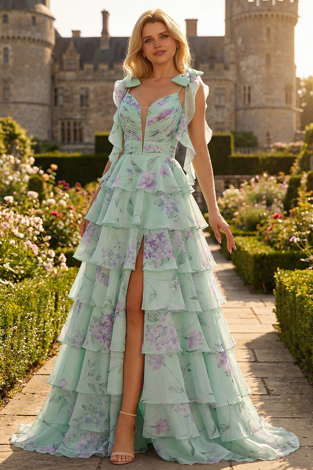 Blue and Pink Floral Spaghetti Straps Ruffled Long Prom Dress with Slit
