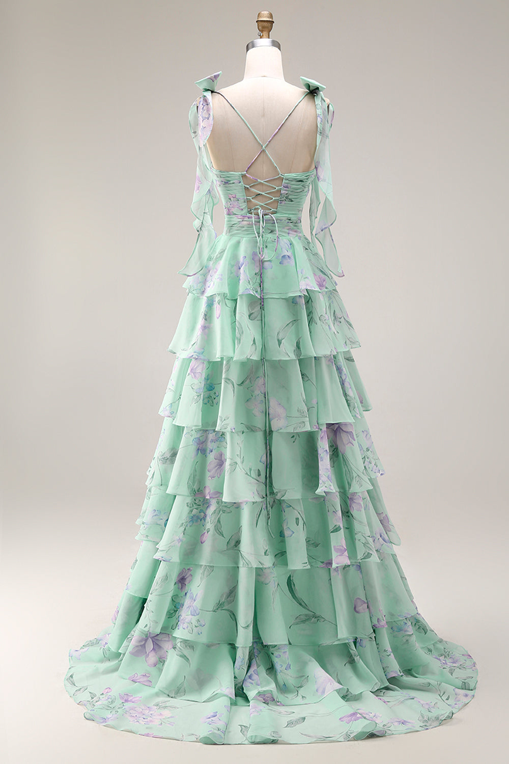 Blue and Pink Floral Spaghetti Straps Ruffled Long Prom Dress with Slit