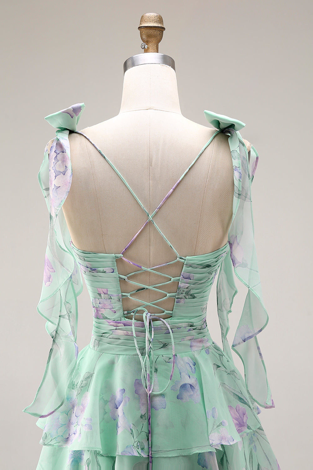 Blue and Pink Floral Spaghetti Straps Ruffled Long Prom Dress with Slit