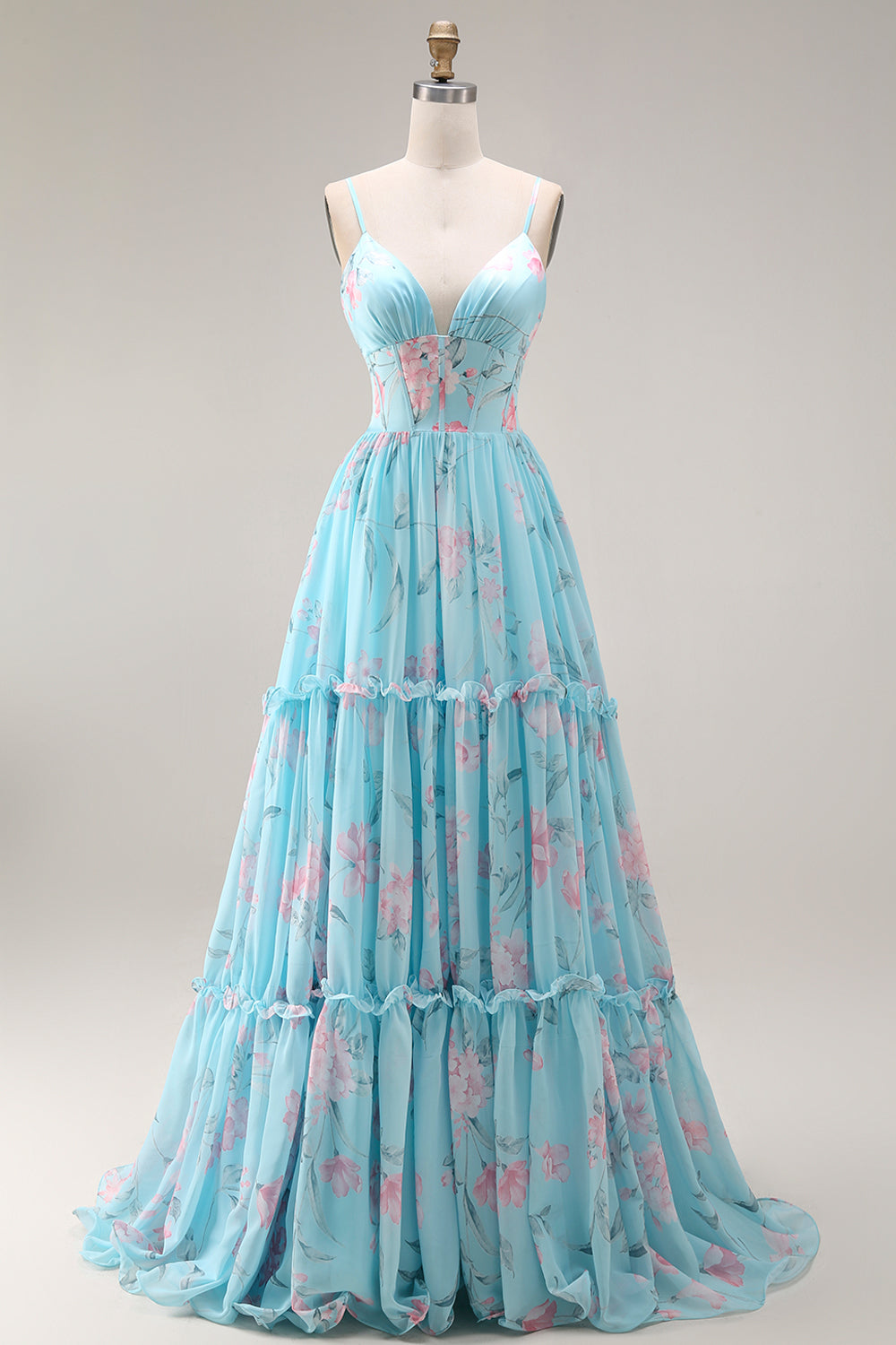 Green and Purple Floral A Line Spaghetti Straps Long Corset Prom Dress