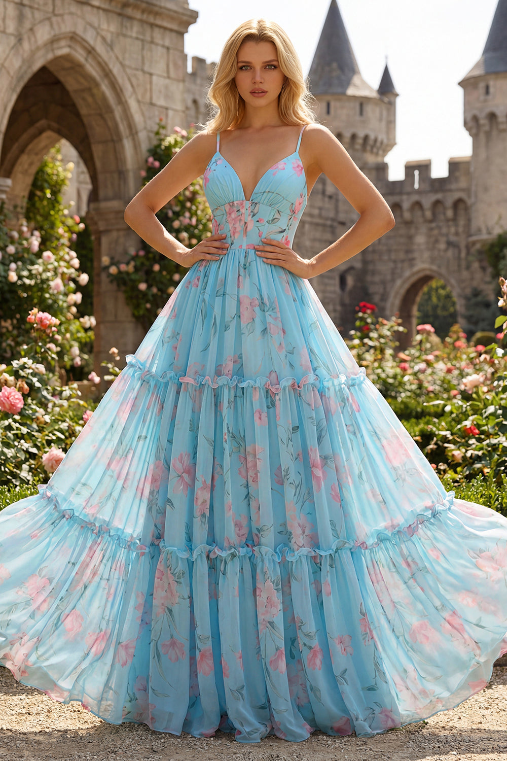 Green and Purple Floral A Line Spaghetti Straps Long Corset Prom Dress