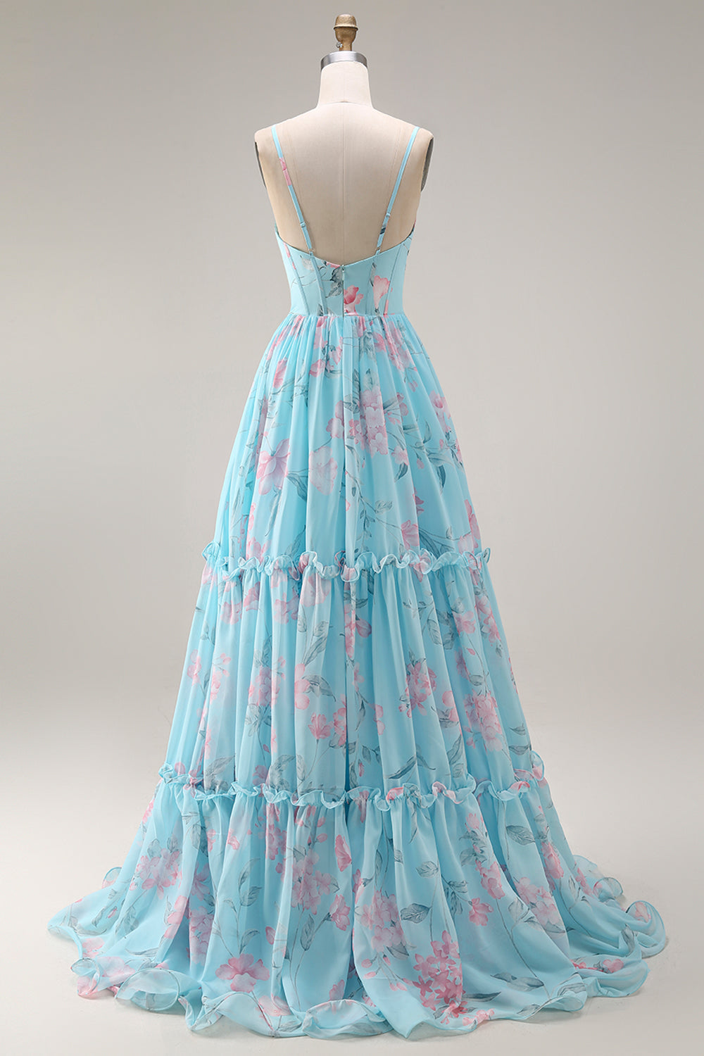 Green and Purple Floral A Line Spaghetti Straps Long Corset Prom Dress