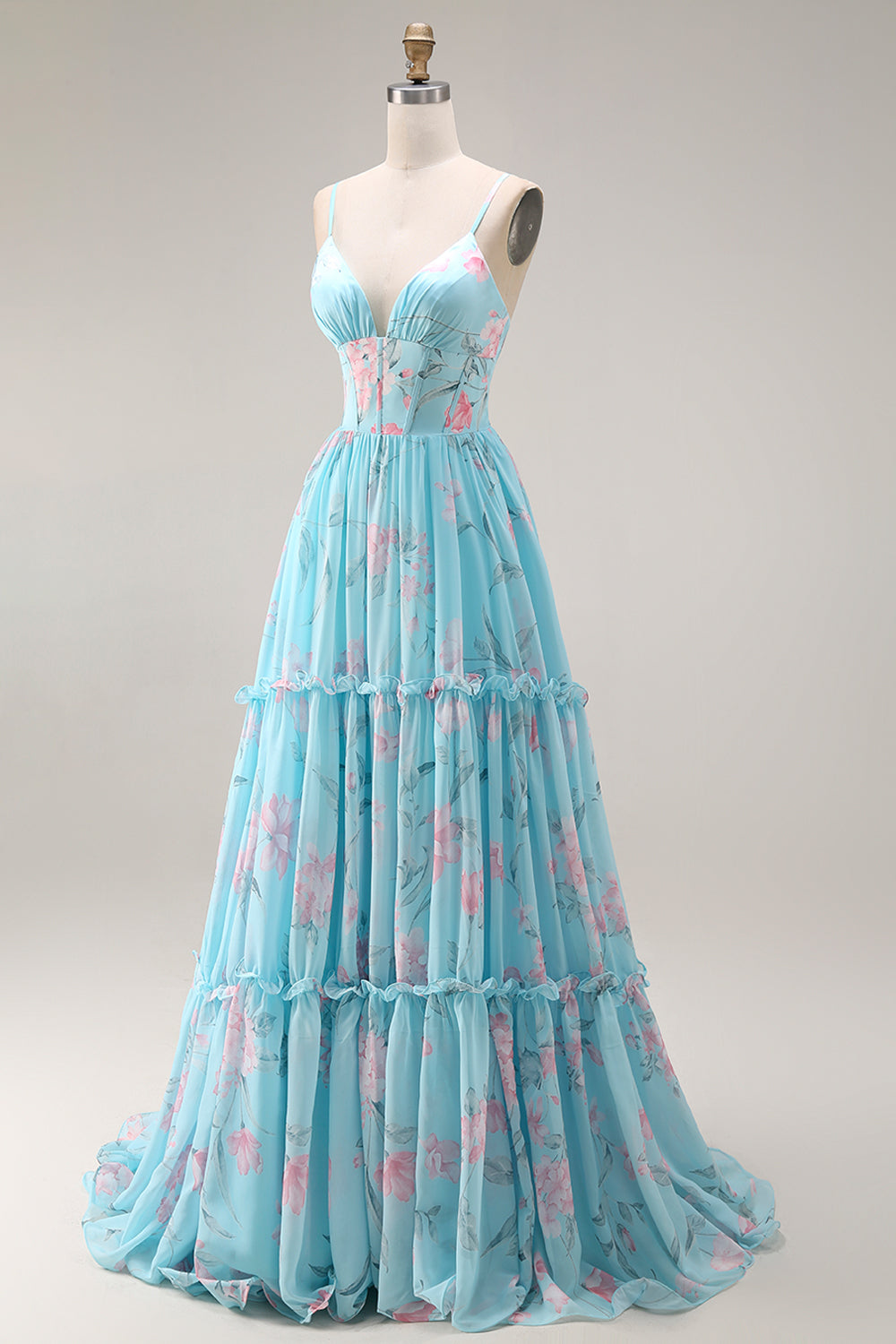 Green and Purple Floral A Line Spaghetti Straps Long Corset Prom Dress