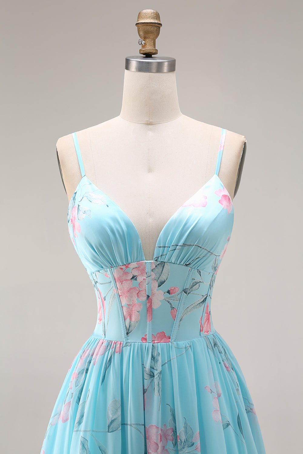 Green and Purple Floral A Line Spaghetti Straps Long Corset Prom Dress