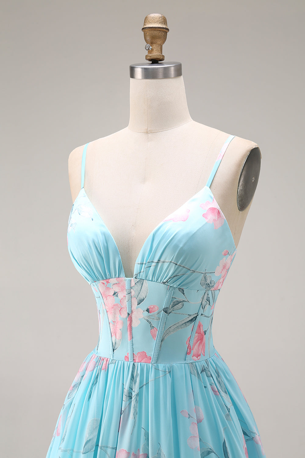 Green and Purple Floral A Line Spaghetti Straps Long Corset Prom Dress