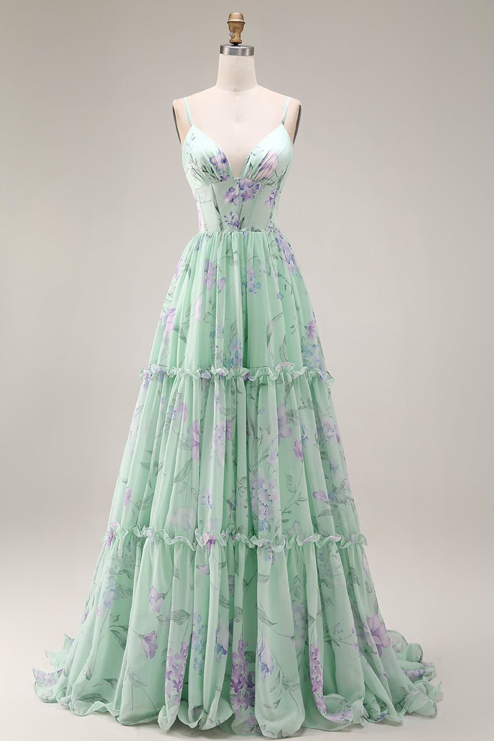 Green and Purple Floral A Line Spaghetti Straps Long Corset Prom Dress