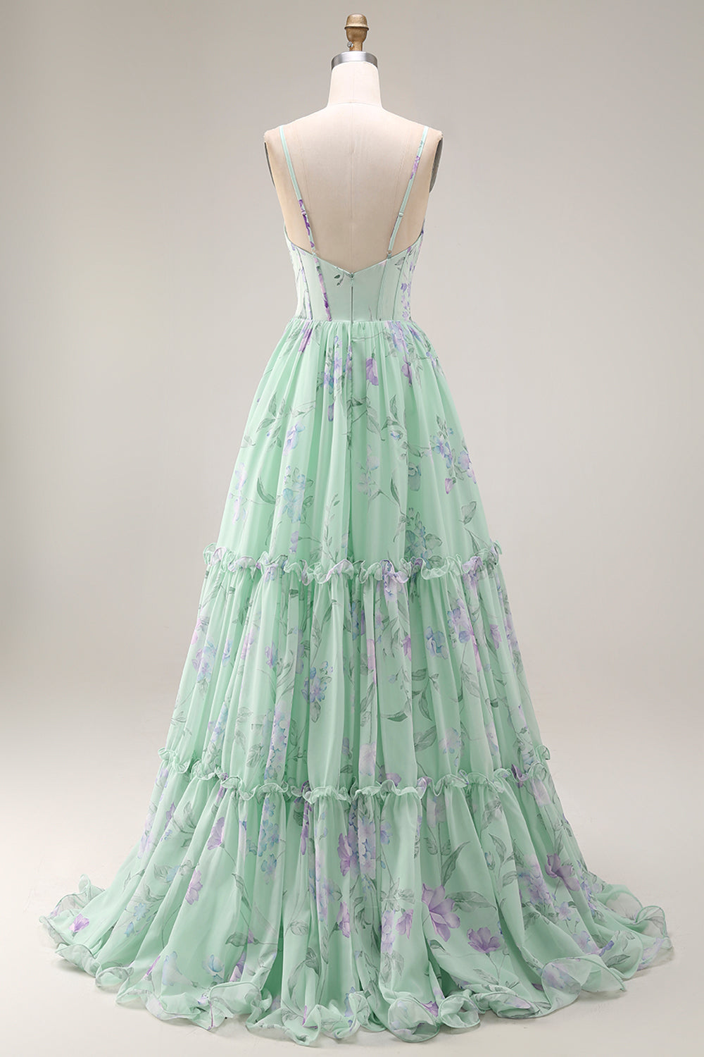 Green and Purple Floral A Line Spaghetti Straps Long Corset Prom Dress