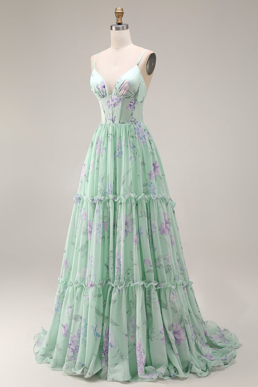 Green and Purple Floral A Line Spaghetti Straps Long Corset Prom Dress