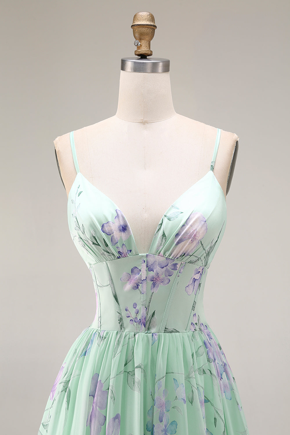 Green and Purple Floral A Line Spaghetti Straps Long Corset Prom Dress