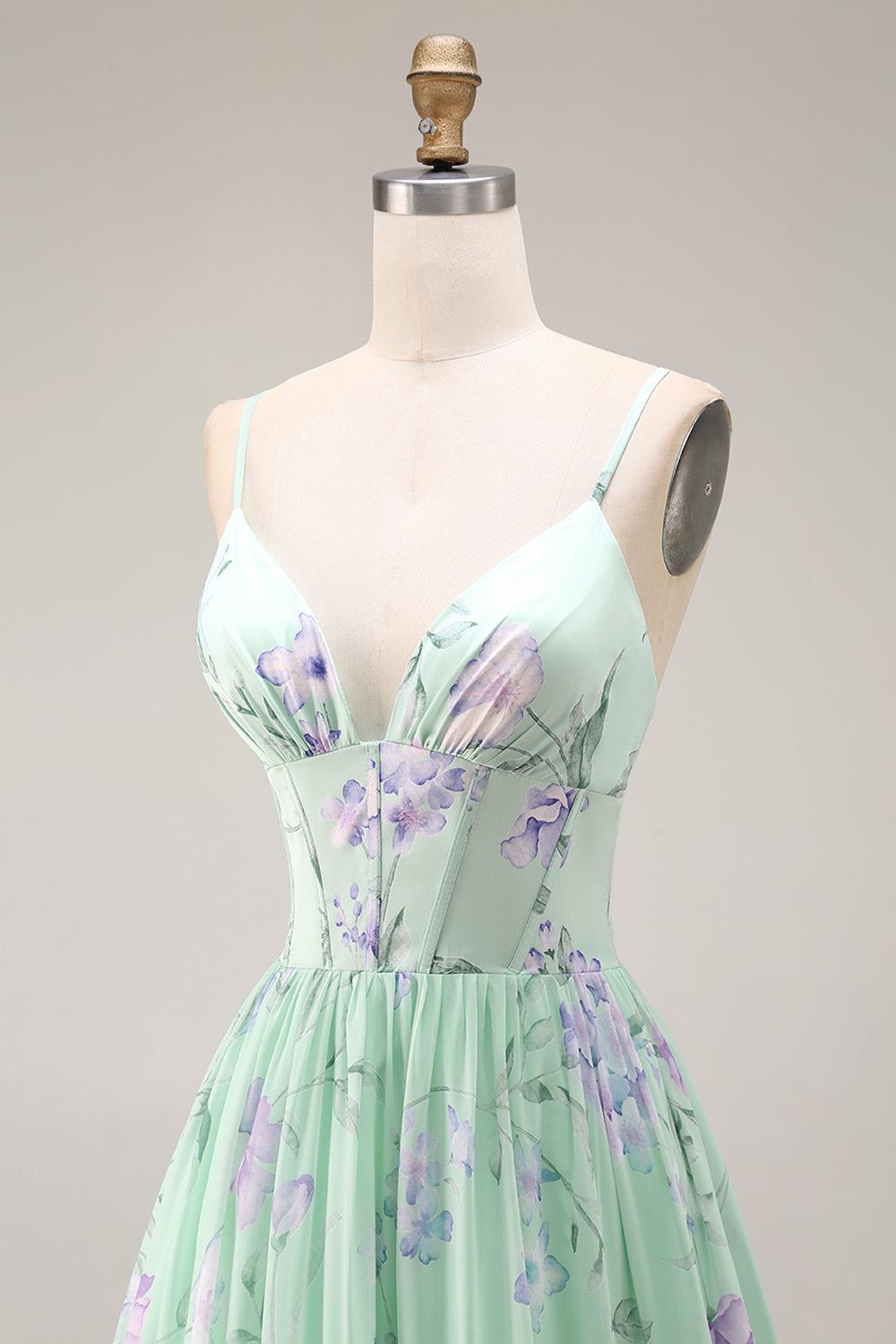 Green and Purple Floral A Line Spaghetti Straps Long Corset Prom Dress