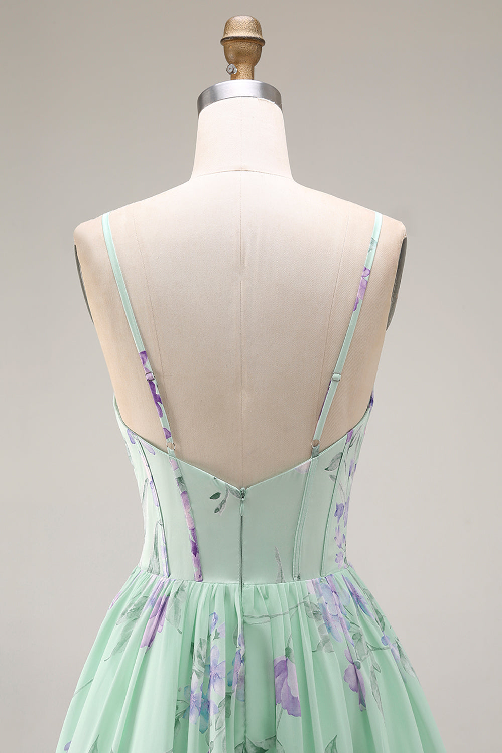 Green and Purple Floral A Line Spaghetti Straps Long Corset Prom Dress