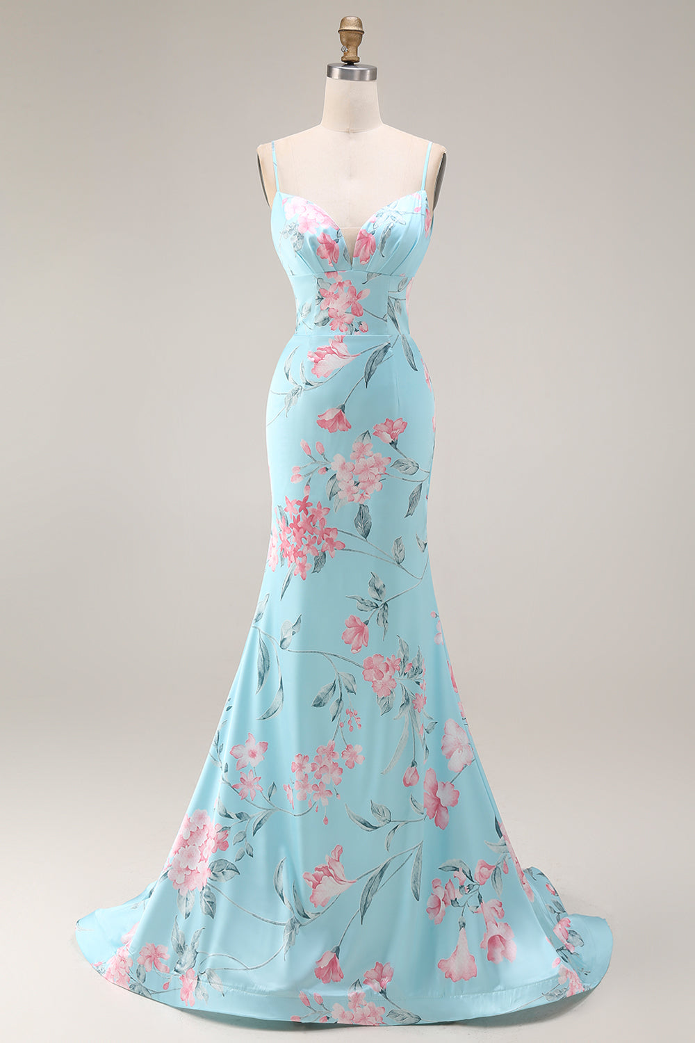 Floral Blue and Pink Spaghetti Straps Mermaid Long Prom Dress with Ruffles