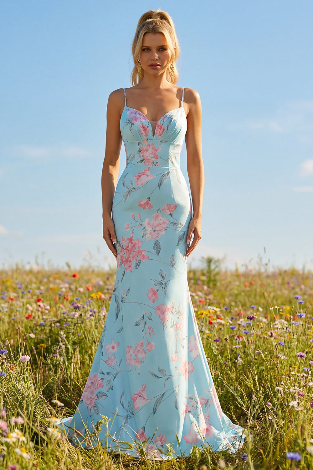 Floral Blue and Pink Spaghetti Straps Mermaid Long Prom Dress with Ruffles