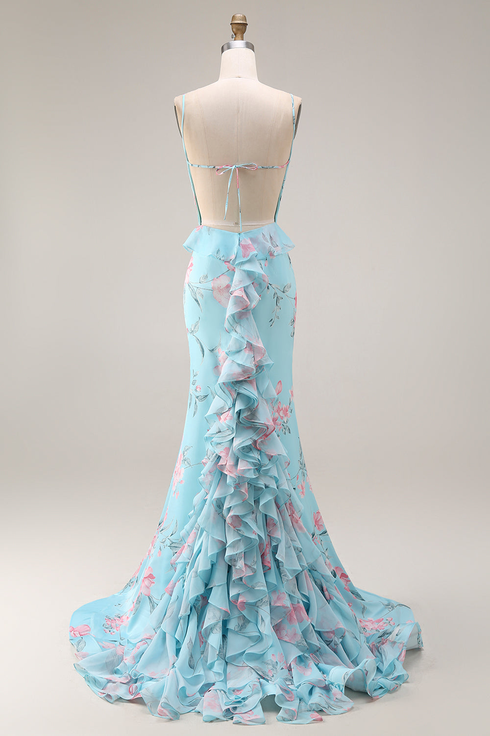 Floral Blue and Pink Spaghetti Straps Mermaid Long Prom Dress with Ruffles