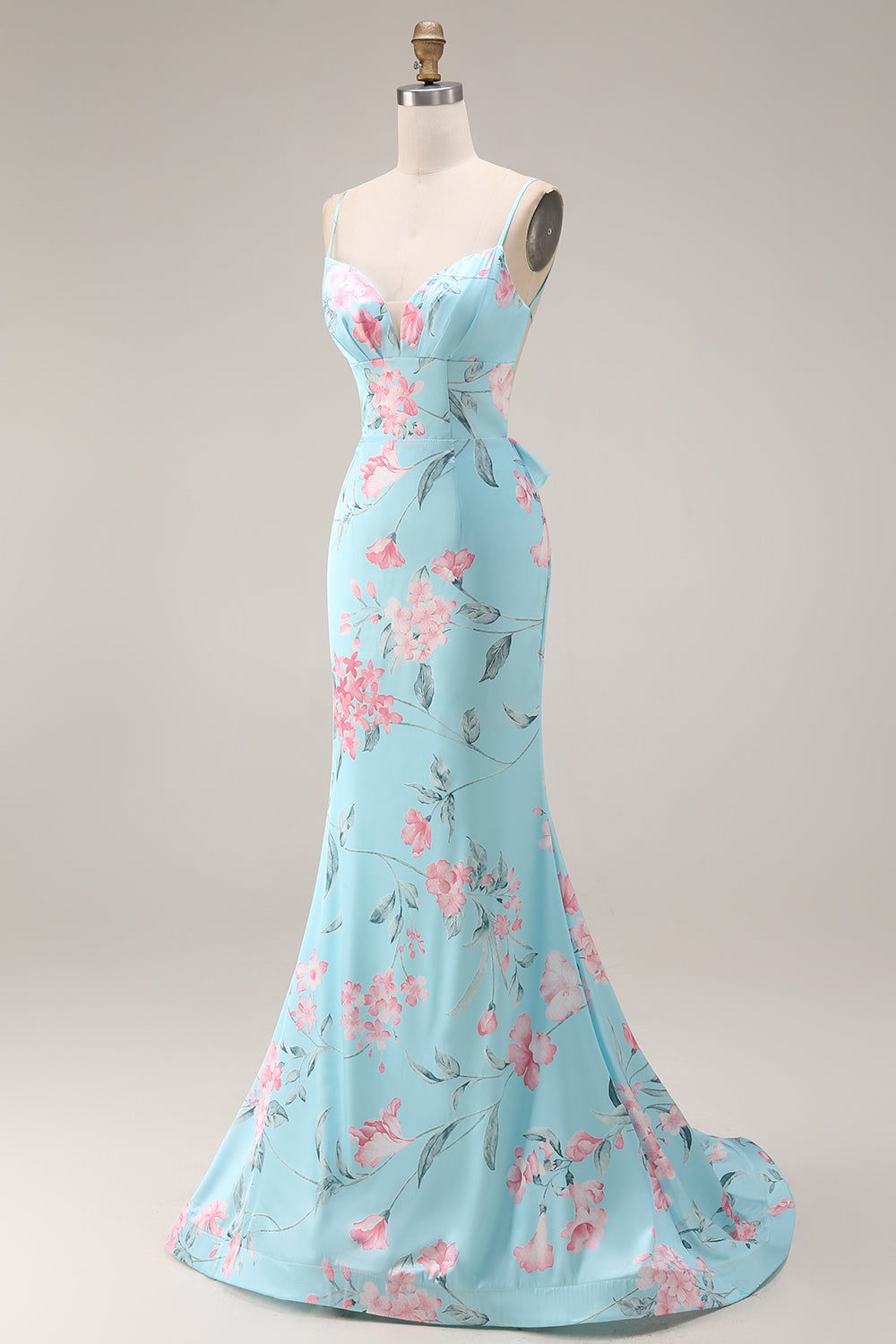 Floral Blue and Pink Spaghetti Straps Mermaid Long Prom Dress with Ruffles