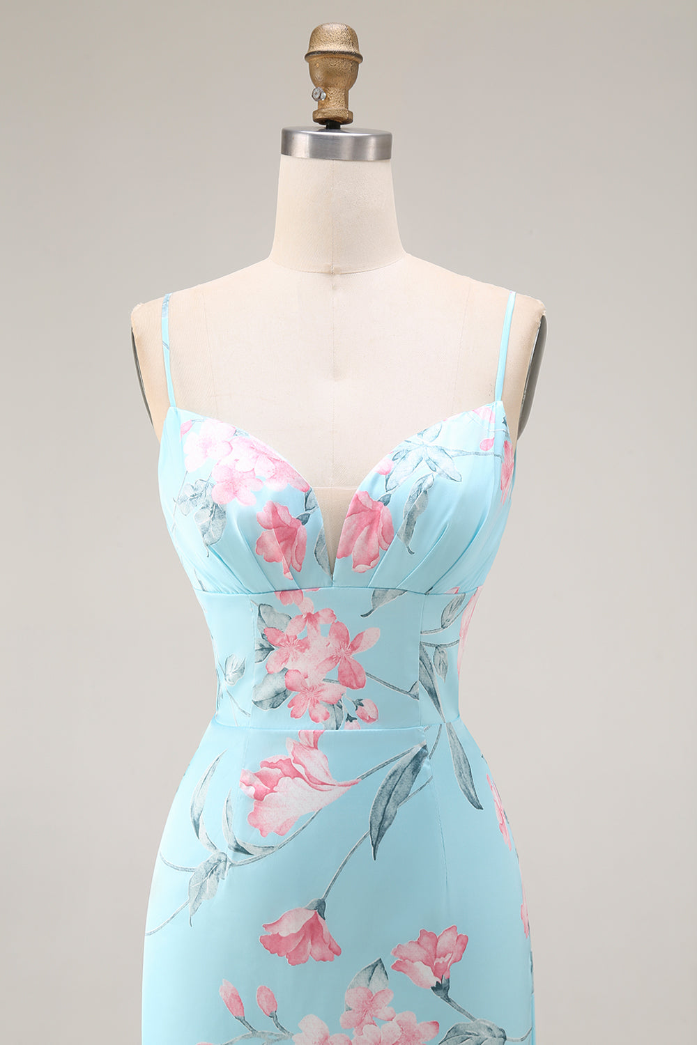 Floral Blue and Pink Spaghetti Straps Mermaid Long Prom Dress with Ruffles