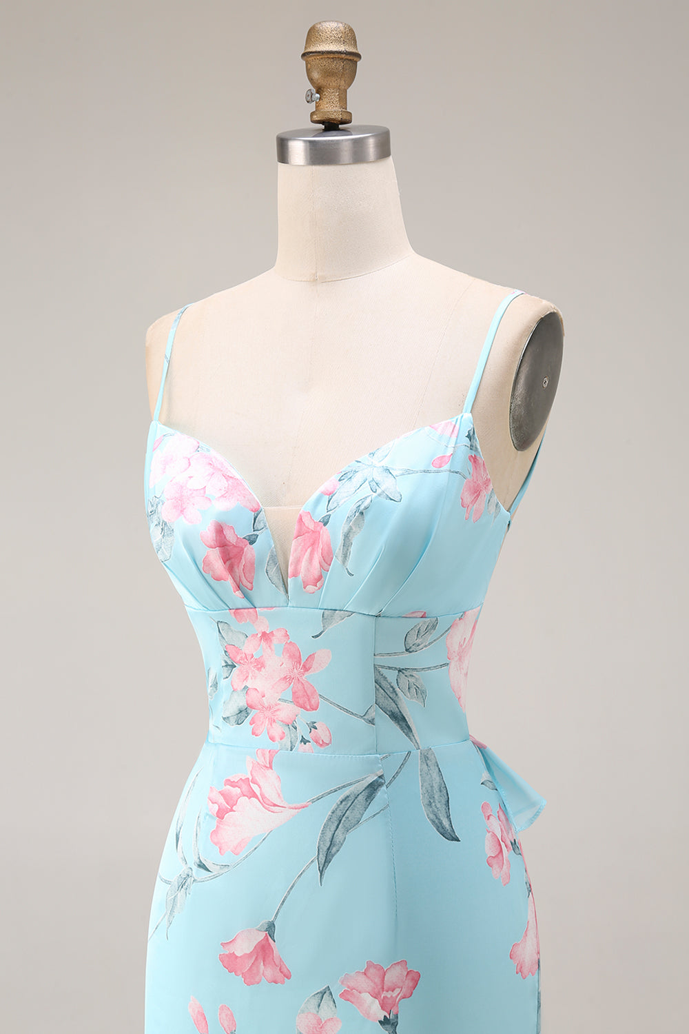 Floral Blue and Pink Spaghetti Straps Mermaid Long Prom Dress with Ruffles