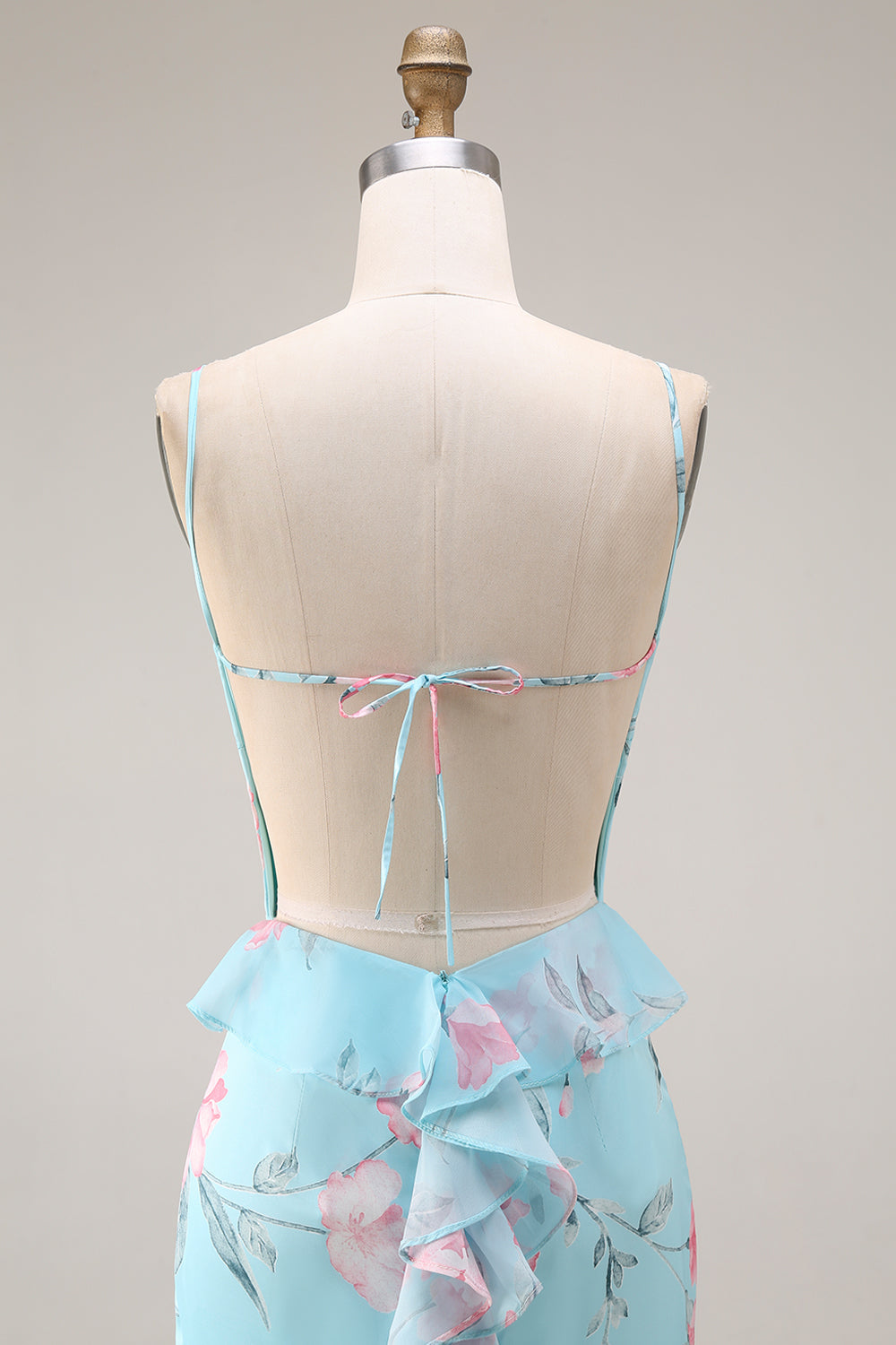 Floral Blue and Pink Spaghetti Straps Mermaid Long Prom Dress with Ruffles