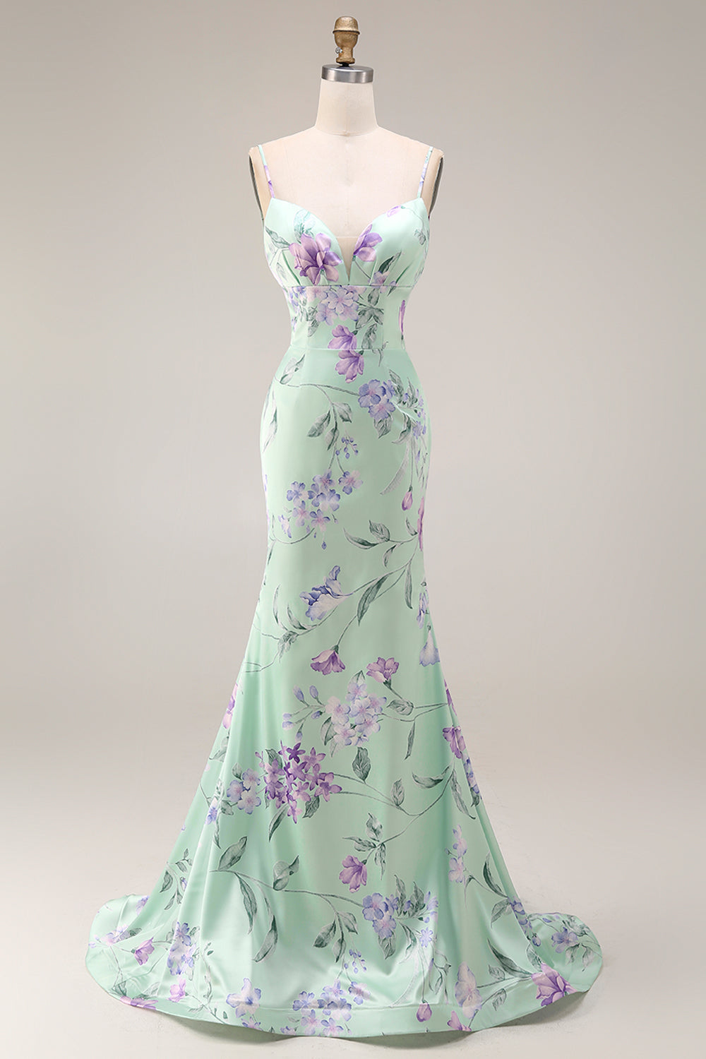 Floral Blue and Pink Spaghetti Straps Mermaid Long Prom Dress with Ruffles