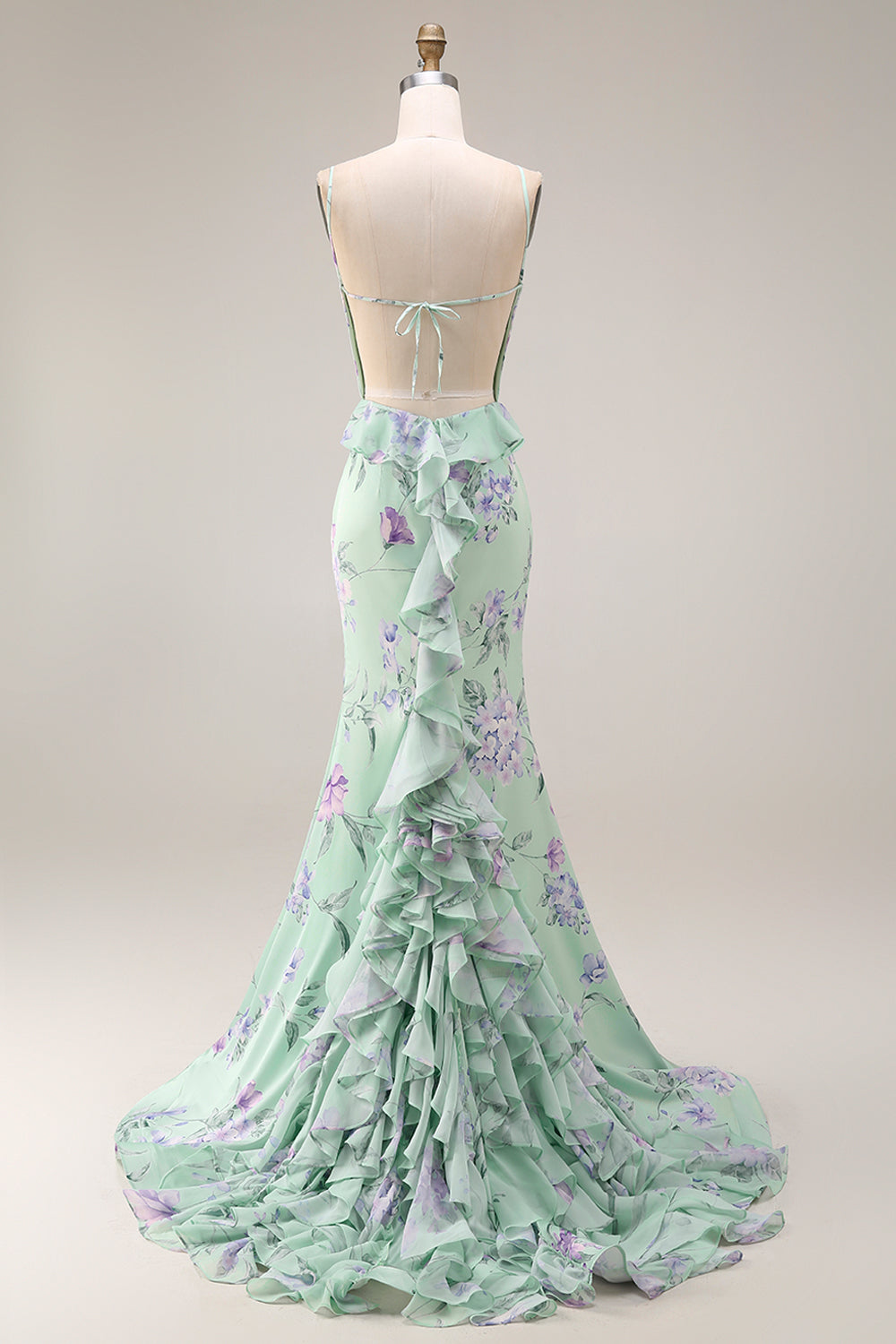 Floral Blue and Pink Spaghetti Straps Mermaid Long Prom Dress with Ruffles