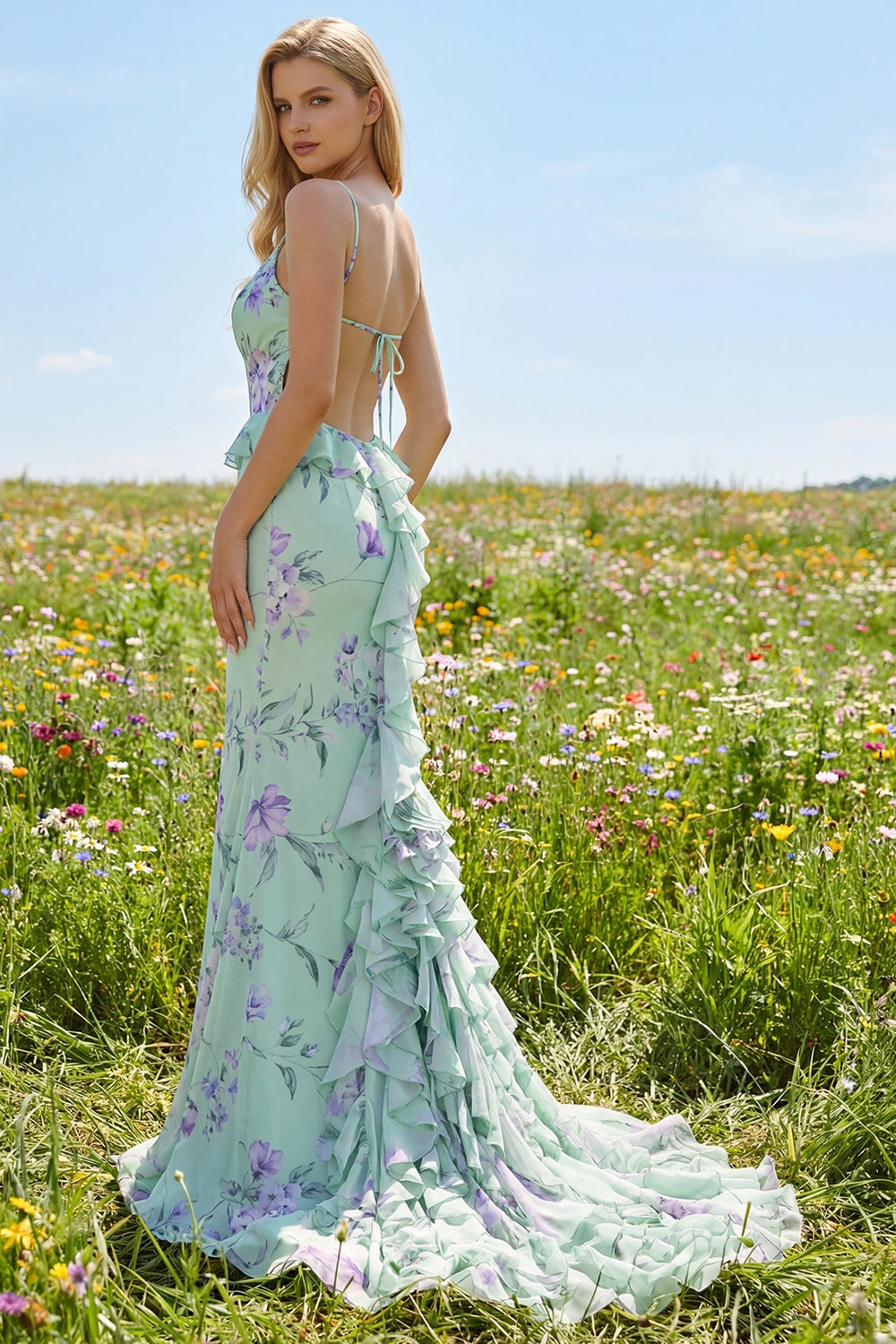 Floral Blue and Pink Spaghetti Straps Mermaid Long Prom Dress with Ruffles
