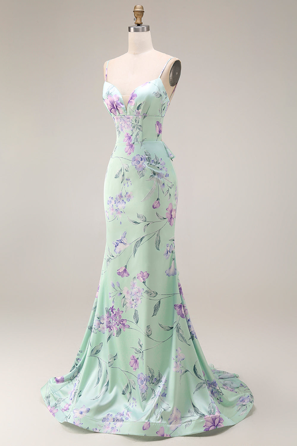 Floral Blue and Pink Spaghetti Straps Mermaid Long Prom Dress with Ruffles