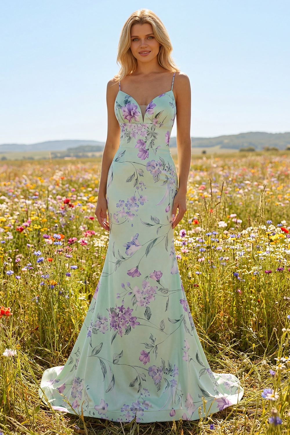 Floral Blue and Pink Spaghetti Straps Mermaid Long Prom Dress with Ruffles