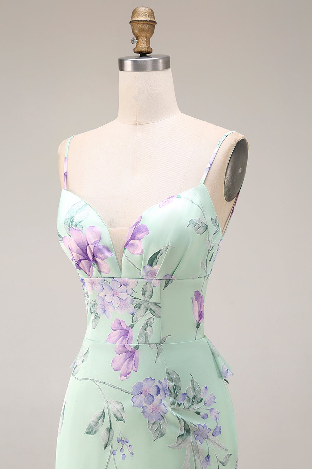 Floral Blue and Pink Spaghetti Straps Mermaid Long Prom Dress with Ruffles
