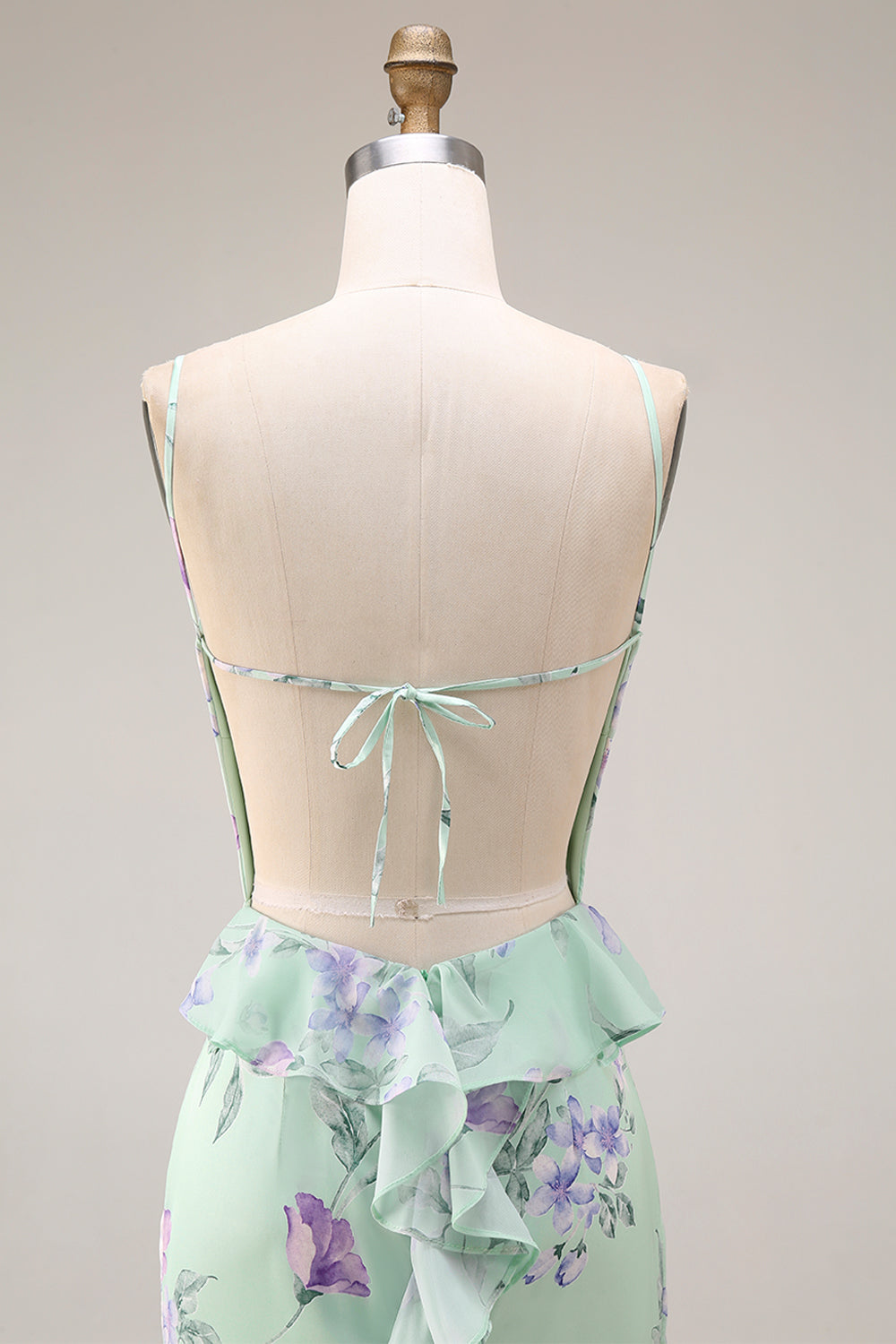 Floral Blue and Pink Spaghetti Straps Mermaid Long Prom Dress with Ruffles