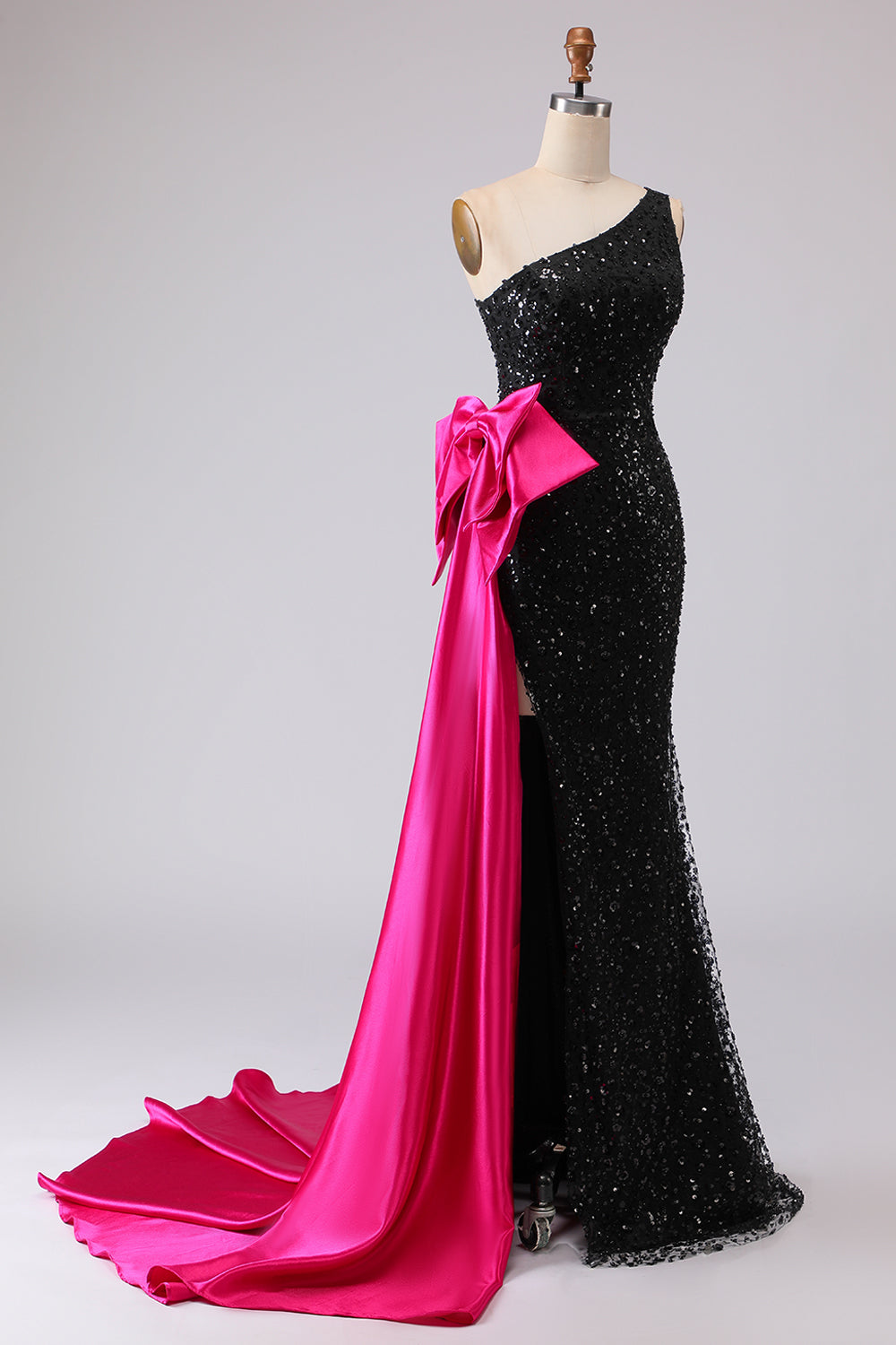 Sparkly Black Sequin One Shoulder Mermaid Long Prom Dress with Side Cape