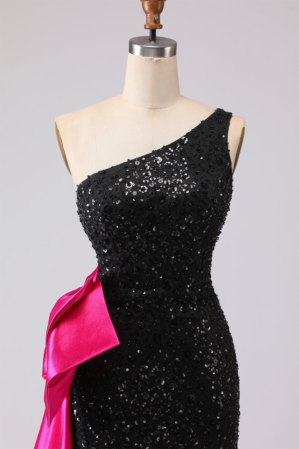 Sparkly Black Sequin One Shoulder Mermaid Long Prom Dress with Side Cape