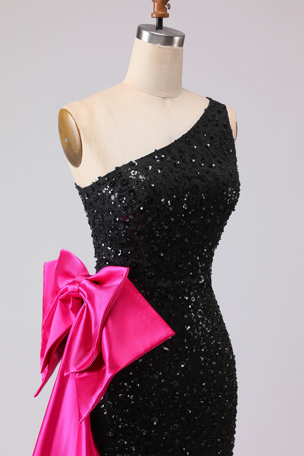 Sparkly Black Sequin One Shoulder Mermaid Long Prom Dress with Side Cape