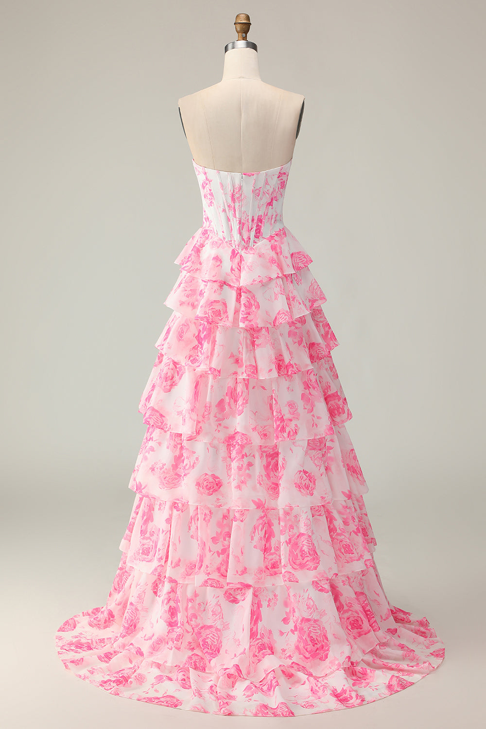 Sparkly White and Blue Floral Ruffled Strapless Corset Long Prom Dress