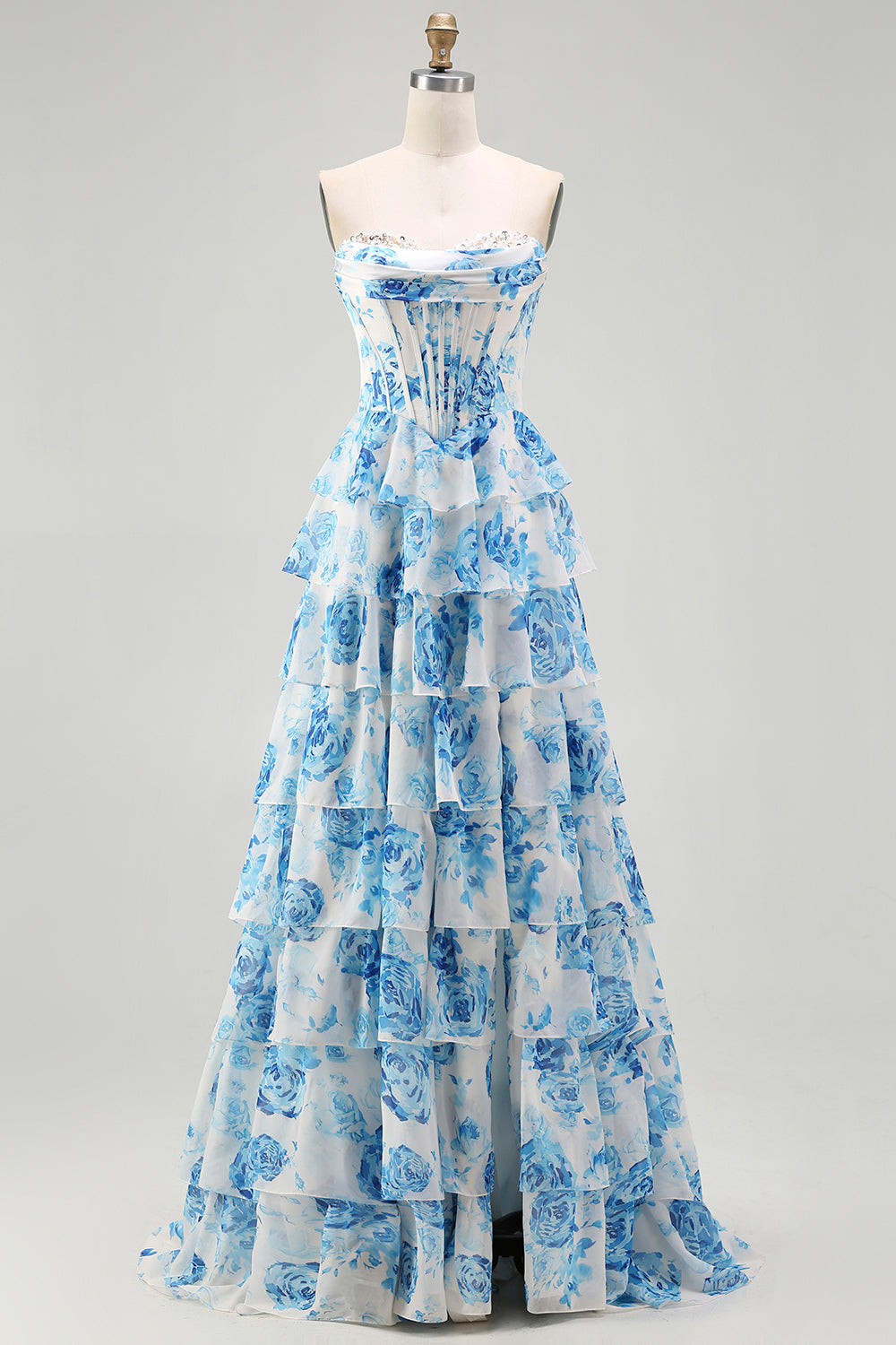 Sparkly White and Pink Floral Ruffled Strapless Corset Long Prom Dress